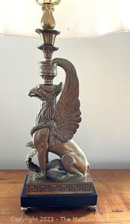 Brass Metal Griffin Table Lamp with Shade. 28"T