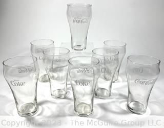 Eight (8) 1950/1960s Clear Enjoy Coca Cola/Coke Logo Fountain Glasses With S Mark On Bottom of some glasses and a Cursive L (Libbey Glass Company) mark on the bottom of others. 