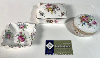 Three (3) Hand Painted Porcelain Trinket Boxes and Dish Made by Dresden, Hammersley and Rosina. 