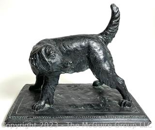 Cast Metal Black Labrador Retriever Sculpture Signed by Artist E.A 1980.  8" wide x 10" tall x 14" long