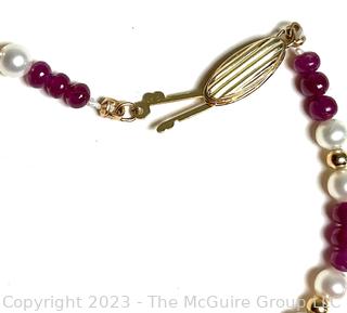 Ruby, Fresh Water Pearl and 14kt Yellow Gold Beaded Necklace. 18"