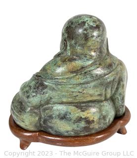 Bronze "Hotei" Statue - One of the Seven Happy Gods of Japan. Circa 1960's. On wooden plinth.