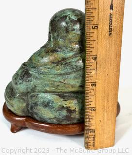 Bronze "Hotei" Statue - One of the Seven Happy Gods of Japan. Circa 1960's. On wooden plinth.