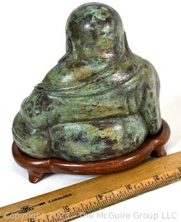 Bronze "Hotei" Statue - One of the Seven Happy Gods of Japan. Circa 1960's. On wooden plinth.