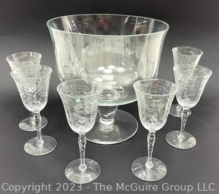 Clear Crystal Raised Compote Bowl Surrounded by Six (6) Etched Cordial Stems