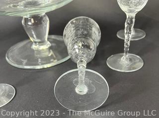 Clear Crystal Raised Compote Bowl Surrounded by Six (6) Etched Cordial Stems