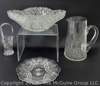 (4) Cut Clear Glass Serving Pieces Including Pitcher