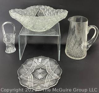 (4) Cut Clear Glass Serving Pieces Including Pitcher