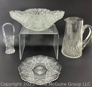 (4) Cut Clear Glass Serving Pieces Including Pitcher