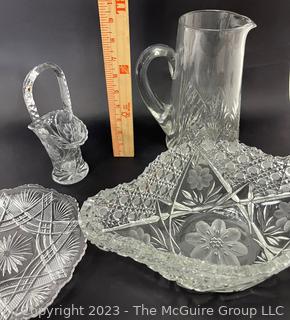 (4) Cut Clear Glass Serving Pieces Including Pitcher