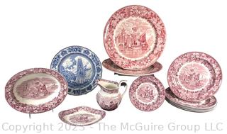 Collection of Blue, Red and Maroon English Transferware China including Wedgwood Etruria