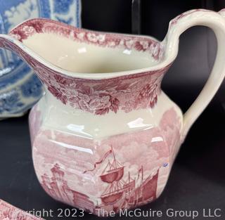 Collection of Blue, Red and Maroon English Transferware China including Wedgwood Etruria