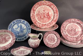 Collection of Blue, Red and Maroon English Transferware China including Wedgwood Etruria