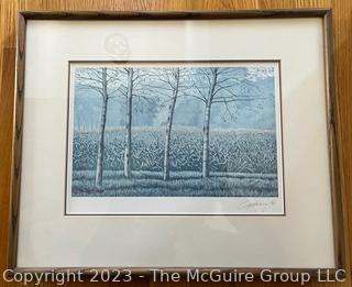 Framed print of English Countryside, pencil signed (illegible) lower right.  Measures 16 x 18.5"