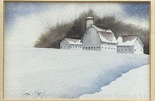 Framed Watercolor of  Winter Farm Landscape signed Leon Beck, lower left.  8 x 10"