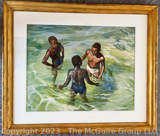 Framed Oil of "Three Boys Swimming" by Ned Etheridge  Measures 28.5 x 33.5"