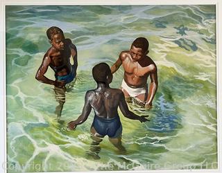 Framed Oil of "Three Boys Swimming" by Ned Etheridge  Measures 28.5 x 33.5"