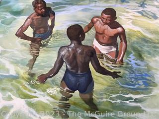 Framed Oil of "Three Boys Swimming" by Ned Etheridge  Measures 28.5 x 33.5"