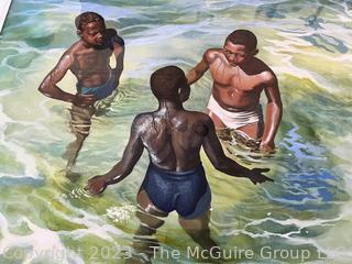 Framed Oil of "Three Boys Swimming" by Ned Etheridge  Measures 28.5 x 33.5"