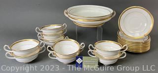 Mintons China: Soup Tureeen, (10) Cream Soup Bowls w/ Handles and (11) Dessert Bowls