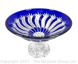 Cobalt Blue Cut To Clear Bohemian Crystal Pedestal Glass Bowl.  7.5 tall x 12" diameter