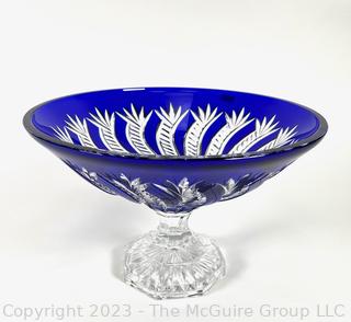 Cobalt Blue Cut To Clear Bohemian Crystal Pedestal Glass Bowl.  7.5 tall x 12" diameter