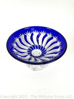 Cobalt Blue Cut To Clear Bohemian Crystal Pedestal Glass Bowl.  7.5 tall x 12" diameter