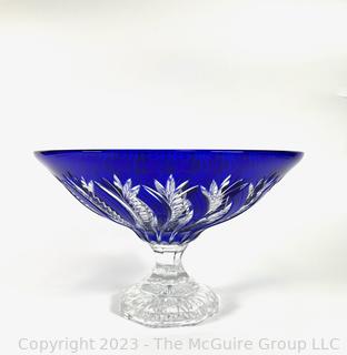 Cobalt Blue Cut To Clear Bohemian Crystal Pedestal Glass Bowl.  7.5 tall x 12" diameter