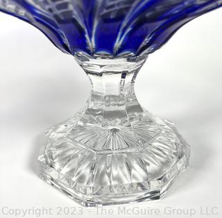 Cobalt Blue Cut To Clear Bohemian Crystal Pedestal Glass Bowl.  7.5 tall x 12" diameter