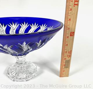 Cobalt Blue Cut To Clear Bohemian Crystal Pedestal Glass Bowl.  7.5 tall x 12" diameter