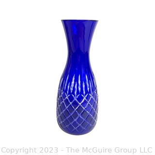 Cobalt Blue Cut To Clear Bohemian Crystal Pedestal Glass Vase.  4.5  x 11" 