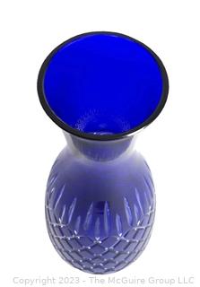 Cobalt Blue Cut To Clear Bohemian Crystal Pedestal Glass Vase.  4.5  x 11" 