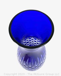 Cobalt Blue Cut To Clear Bohemian Crystal Pedestal Glass Vase.  4.5  x 11" 