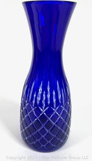 Cobalt Blue Cut To Clear Bohemian Crystal Pedestal Glass Vase.  4.5  x 11" 