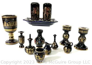 Group of Black and Blue Made in Greece 24K Gold Decorated Pieces.