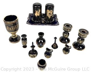 Group of Black and Blue Made in Greece 24K Gold Decorated Pieces.