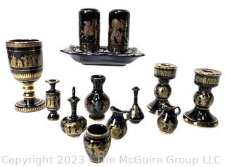 Group of Black and Blue Made in Greece 24K Gold Decorated Pieces.