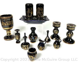 Group of Black and Blue Made in Greece 24K Gold Decorated Pieces.