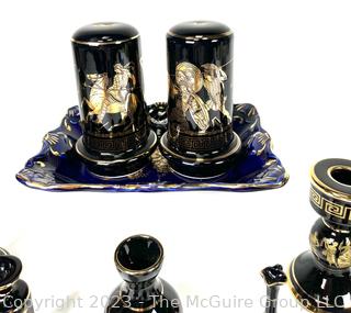 Group of Black and Blue Made in Greece 24K Gold Decorated Pieces.