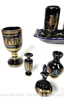 Group of Black and Blue Made in Greece 24K Gold Decorated Pieces.