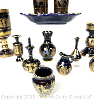 Group of Black and Blue Made in Greece 24K Gold Decorated Pieces.