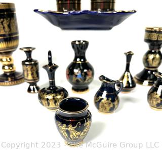 Group of Black and Blue Made in Greece 24K Gold Decorated Pieces.