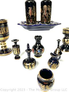 Group of Black and Blue Made in Greece 24K Gold Decorated Pieces.