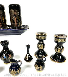 Group of Black and Blue Made in Greece 24K Gold Decorated Pieces.