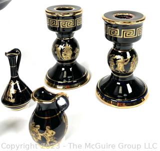 Group of Black and Blue Made in Greece 24K Gold Decorated Pieces.