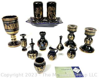 Group of Black and Blue Made in Greece 24K Gold Decorated Pieces.