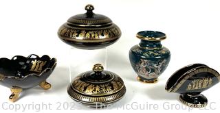 Five (5) Black, Made in Greece 24K Gold Decorated Decorative Pieces