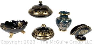 Five (5) Black, Made in Greece 24K Gold Decorated Decorative Pieces