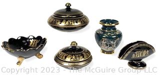 Five (5) Black, Made in Greece 24K Gold Decorated Decorative Pieces