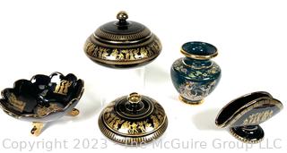 Five (5) Black, Made in Greece 24K Gold Decorated Decorative Pieces